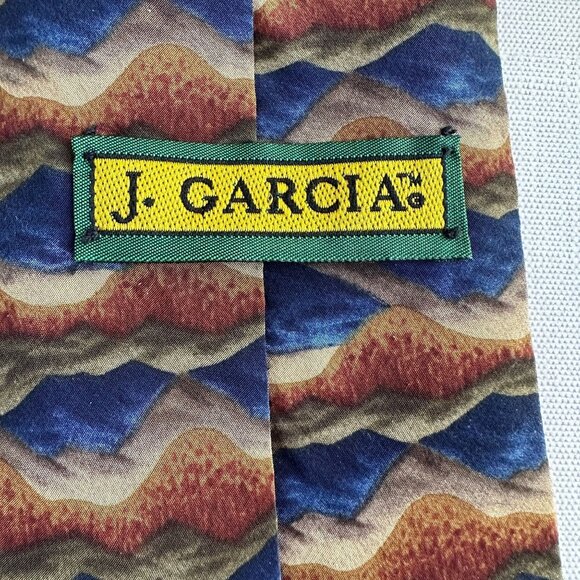 Jerry Garcia Silk Tie, 1990s Abstract Art Print Blue Brown Necktie, 100% Silk - Picture 2 of 9